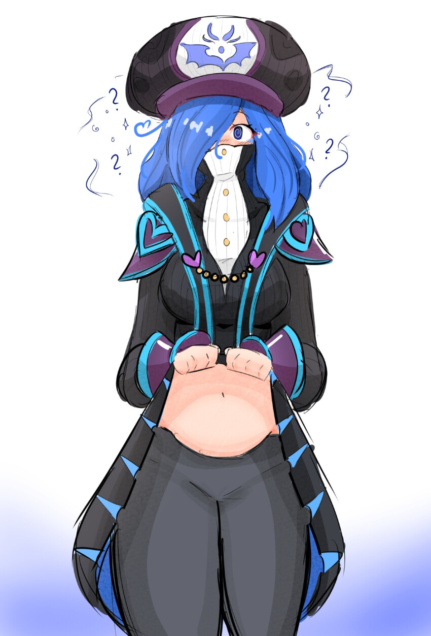 a_singular_fish blonde_hair blue_eyes blush chubby confused cuffs emblem eyebrows_visible_through_hair face_mask female_only femsub francisca gradient_background hair_covering_one_eye hat heart kirby_(series) kirby_star_allies long_hair navel nintendo pants personification shirt shirt_lift simple_background solo spiral_eyes suit white_background