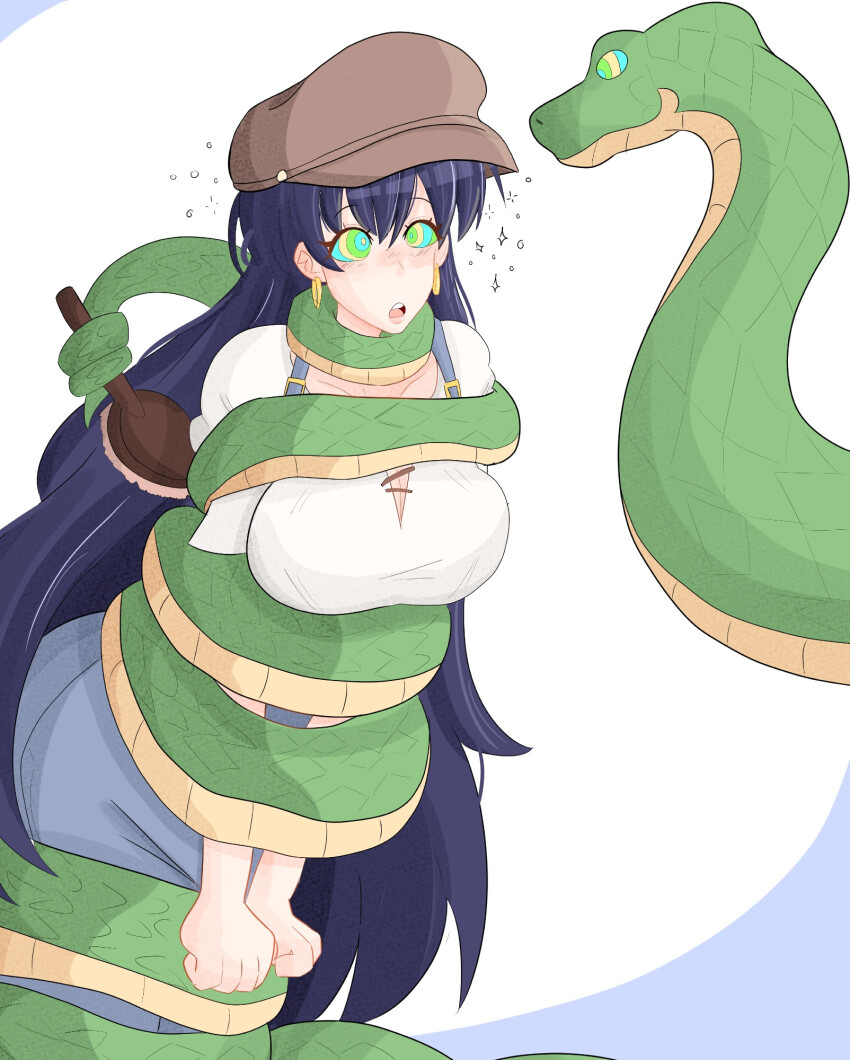 a_singular_fish blue_hair blush cleavage cleavage_cutout clothed coils collarbone dazed earrings eyebrows_visible_through_hair female_only femsub hat kaa_eyes large_breasts leaning_forward long_hair nagi_arato open_mouth pants restrained ruri_rocks simple_background snake t-shirt white_background