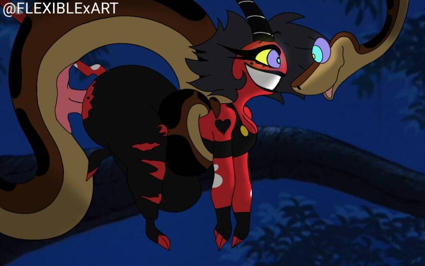 bare_shoulders bestiality black_hair breasts cleavage coils crossover demon_girl disney doggy_style double_penis femsub flexiblexart hanging_down happy_trance heart_tattoo helluva_boss horns hypnotic_eyes kaa kaa_eyes maledom millie_(helluva_boss) night outdoors penis plant red_skin sex short_hair smile snake snake_penis tattoo the_jungle_book torn_clothes trees