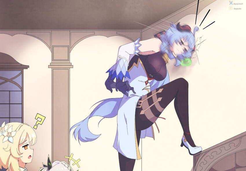 ahoge akasha_terminal arm_warmers arms_behind_back bell bell_collar blonde_hair blue_hair bodysuit confused dress empty_eyes expressionless female_only femdom femsub flower flower_in_hair ganyu_(genshin_impact) genshin_impact gloves gojulas grey_hair hair_ornament heart high_heels horns humor hypnovember large_breasts long_hair lumine_(genshin_impact) multiple_girls nahida_(genshin_impact) open_mouth ribbon side_slits skirt thighhighs tight_clothing yellow_eyes