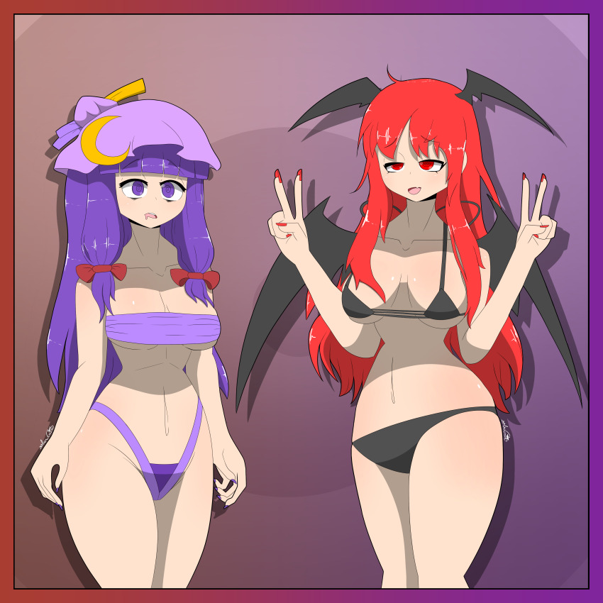 bare_legs bare_shoulders bat_wings bikini bikini_bottom bikini_top blush border bow breasts collarbone demon_girl drool expressionless eyebrows_visible_through_hair female_only femsub happy_trance hat heavy_eyelids koakuma large_breasts long_hair multiple_girls multiple_subs nail_polish navel open_mouth patchouli_knowledge purple_eyes purple_hair red_eyes red_hair signature smile sobergin spiral_eyes standing succubus swimsuit text touhou tube_top underboob v wings