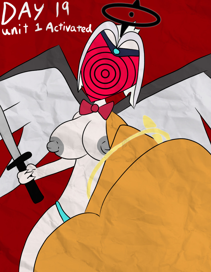 angel angel_girl breasts choking femsub halo hazbin_hotel hypnovember lute_(hazbin_hotel) panties pov sword tcross text visor white_hair wings