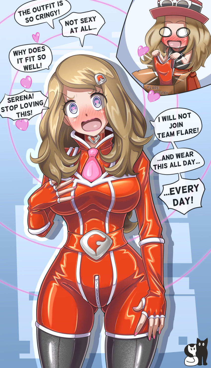 alternate_costume before_and_after blonde_hair blush box breasts corruption denial dialogue drool english_text female_only femsub fingerless_gloves gloves glowing glowing_eyes happy_trance hat heart heart_eyes humiliation large_breasts long_hair looking_at_viewer nail_polish navel nintendo open_mouth pokemon pokemon_x_and_y rosvo serena speech_bubble spiral spiral_background sweat team_flare text whitewash_eyes