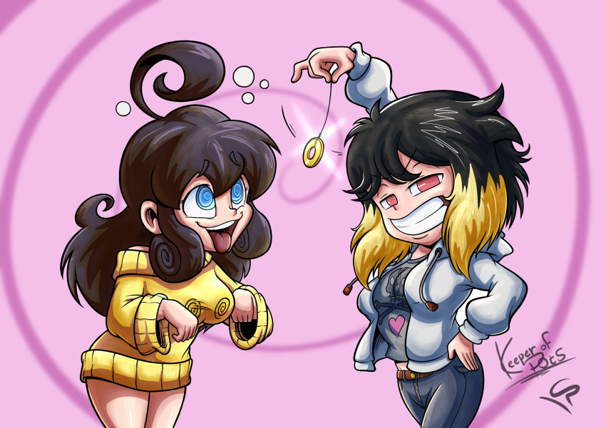 ahoge begging carlo_robb_(colorist) evilka femdom happy_trance hypno-tan keeper_of_pots multicolored_hair original pendulum tagme tongue_out