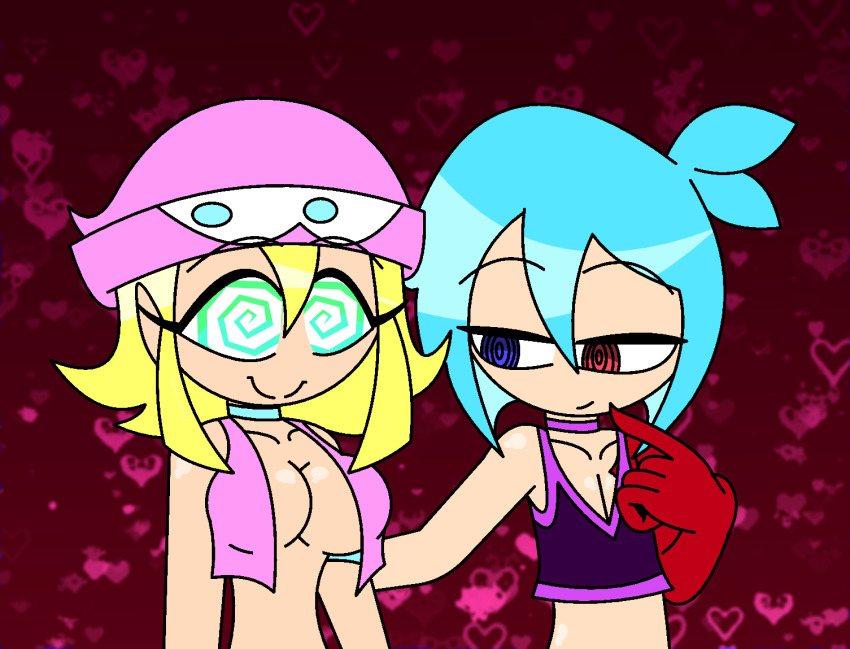 aged_up ahoge amitie androgynous_dom bare_shoulders blonde_hair blue_hair choker cleavage clothed_exposure collarbone eyebrows_visible_through_hair eyelashes femsub green_eyes happy_trance hat heterochromia hypnoscream large_breasts love midriff open_clothes puyo_puyo ring_eyes shiny_hair shiny_skin short_hair sig simple_background spiralwash_eyes tank_top vest