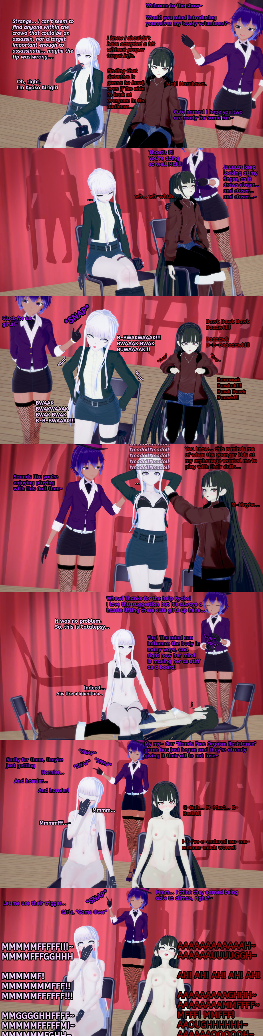 3d absurdres black_hair boots catalepsy chicken_pose dangan_ronpa dangan_ronpa_v3 dialogue english_text eye_roll female_only femdom femsub finger_to_forehead gloves koikatsu! kyoko_kirigiri leggings limp lingerie liz_b maki_harukawa miss_hypnos_(liz_b) nude orgasm orgasm_command pale_skin purple_eyes purple_hair red_eyes shorts shrunken_irises sleeping smile stage_hypnosis tan_skin text top_hat traditional_hypnosis underwear
