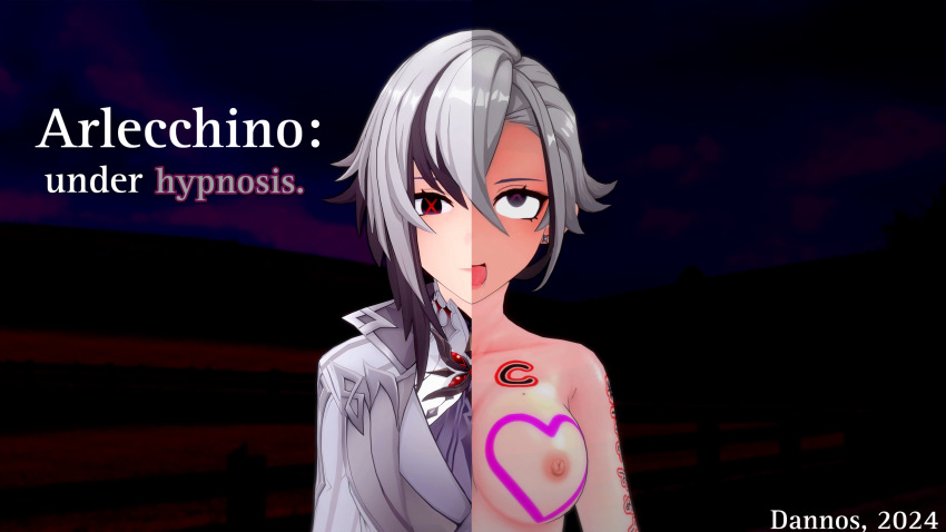 arlecchino_(genshin_impact) black_background black_eyes body_writing breasts clothed dannos english_text eye_roll female_only femsub genshin_impact nipples nude simple_background solo symbol_in_eyes text