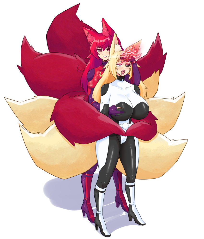 animal_ears anno_(anno) black_sclera blonde_hair blue_eyes bodysuit breast_grab breasts drool emi_(izanagistruth) femdom femsub fingerless_gloves fox_ears fox_girl fox_tail hand_on_head happy_trance high_heels konaloid large_breasts latex lipstick long_hair multiple_girls multiple_tails original red_eyes red_hair smile standing tail twinning