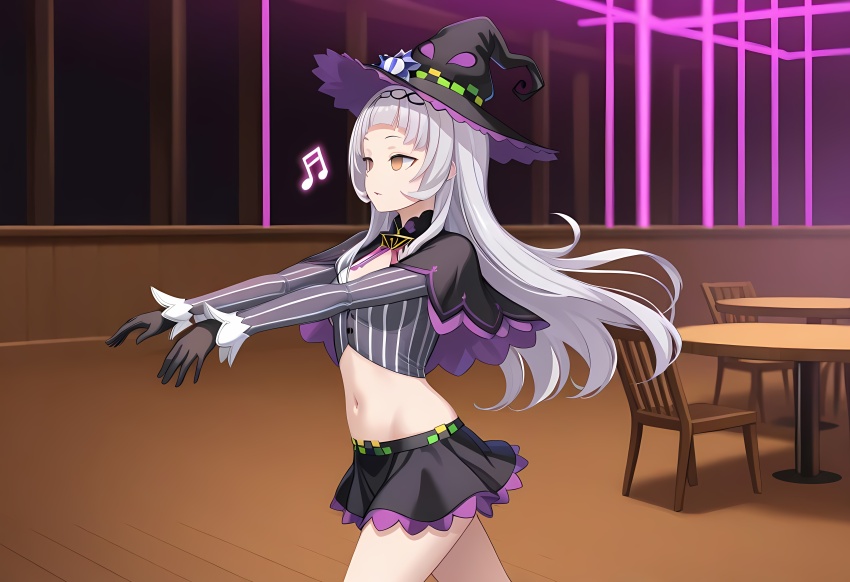 ai_art breasts empty_eyes euronet_(generator) expressionless femsub grey_hair hololive long_hair midriff navel shion_murasaki small_breasts stable_diffusion_(ai) stage_hypnosis virtual_youtuber witch_hat yellow_eyes zombie_walk