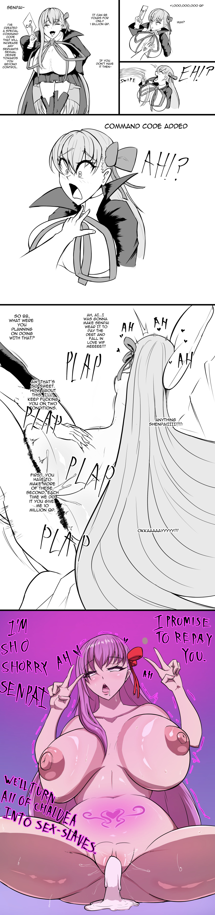 absurdres after_sex aphrodisiac bb_(fate/extra_ccc) boots breasts clothed comic crossed_eyes crotch_tattoo cum cum_in_pussy dialogue double_v drool english_text erect_nipples eye_roll eyebrows_visible_through_hair fate/extra_ccc fate/grand_order fate_(series) femsub financial_domination glowing gradient_background hair_ribbon heart huge_breasts hypnotic_tattoo maledom midriff navel nipples nude open_mouth purple_hair pussy pussy_juice ribbon scared sequence sex simple_background skirt smug spread_legs sweat tattoo text thigh_boots turning_the_tables tyranno_z v vaginal very_long_hair white_background