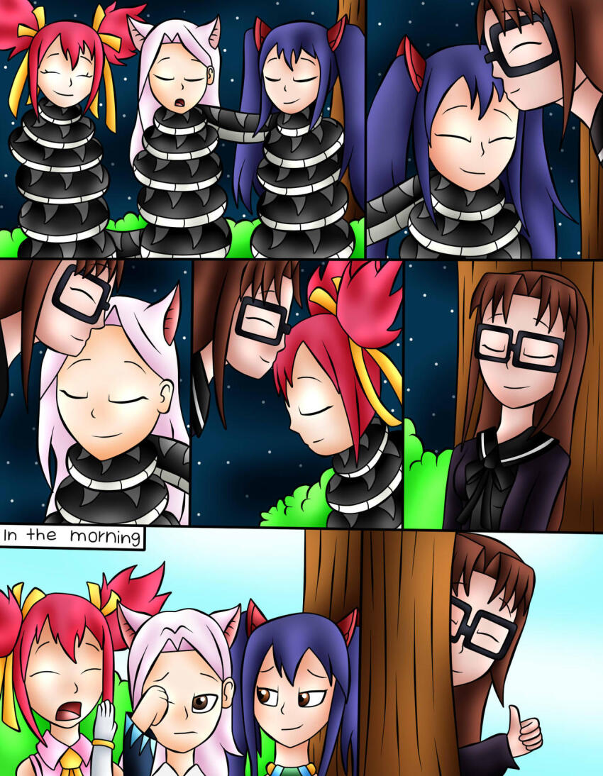 awakening blue_hair brown_hair carla_(fairy_tail) cat_ears comic fairy_tail femdom femsub glasses hypnotic_eyes jerrydestrtoyer naga_girl red_hair sherria_blendy snake_girl trance_break wendy_marvell white_hair