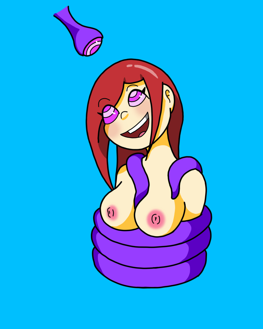 blush bondage eepydoodlezzz femsub happy_trance hypnotic_eyes hypnotic_tentacle kaa_eyes large_breasts open_mouth original red_hair simple_background smile solo tentacles