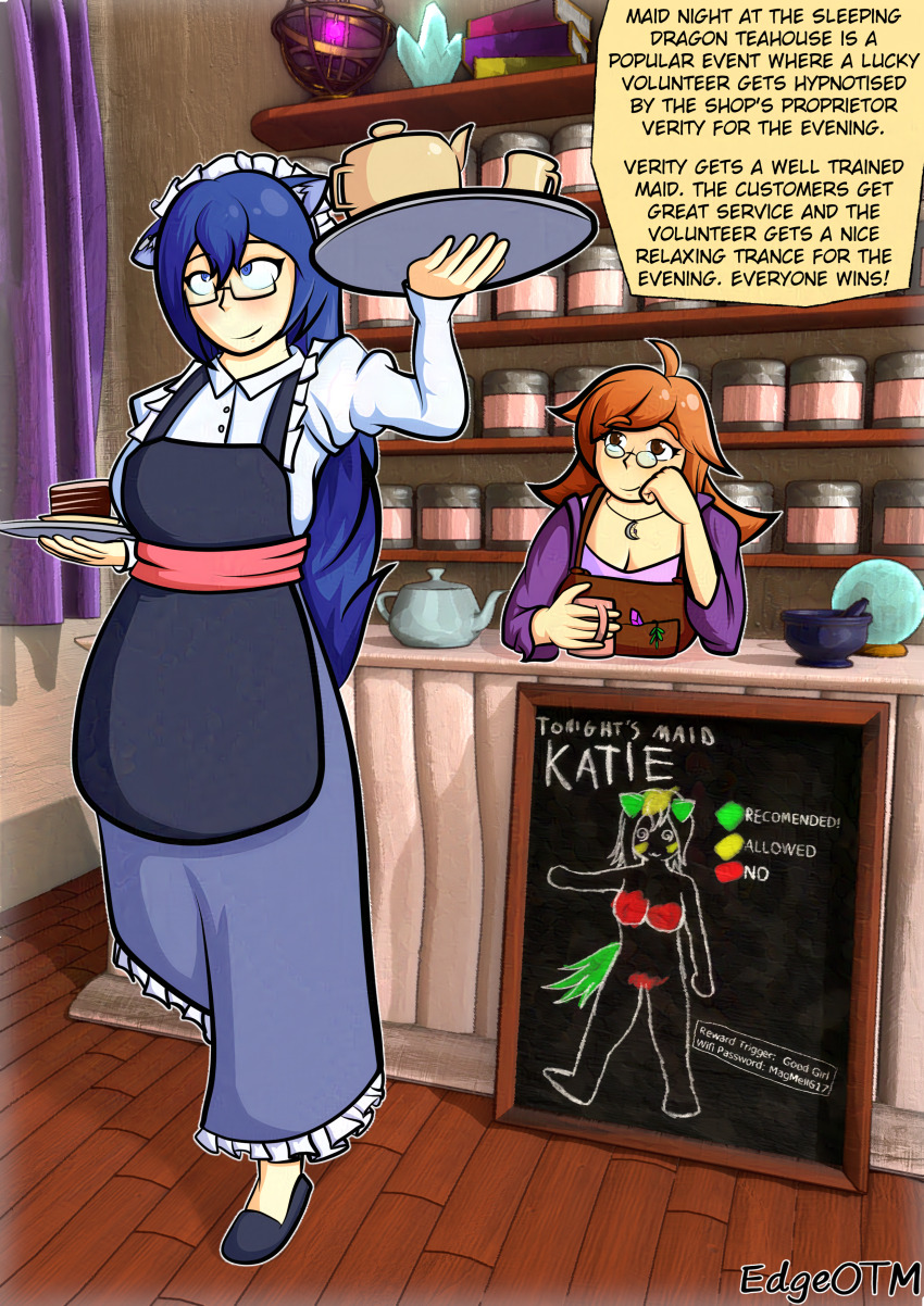 absurdres apron blue_eyes blue_hair cat_ears cat_girl clothed consensual crossed_eyes edgeofthemoon empty_eyes female_only femdom femsub happy_trance katie_(edgeofthemoon) large_breasts maid maid_headdress orange_hair original shirt smile spiral_eyes tail text very_long_hair waitress