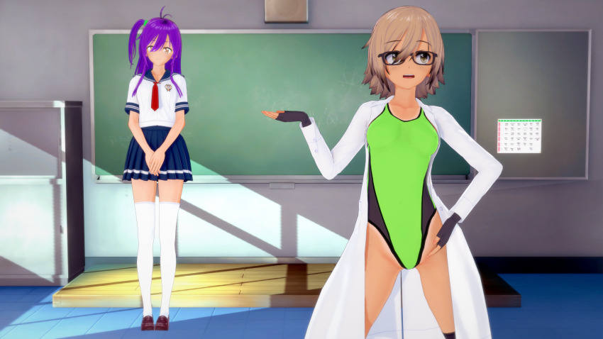 3d coat femsub glasses haigure_ayami haigure_ayami_(artist) leotard long_hair original school_uniform short_hair swimsuit