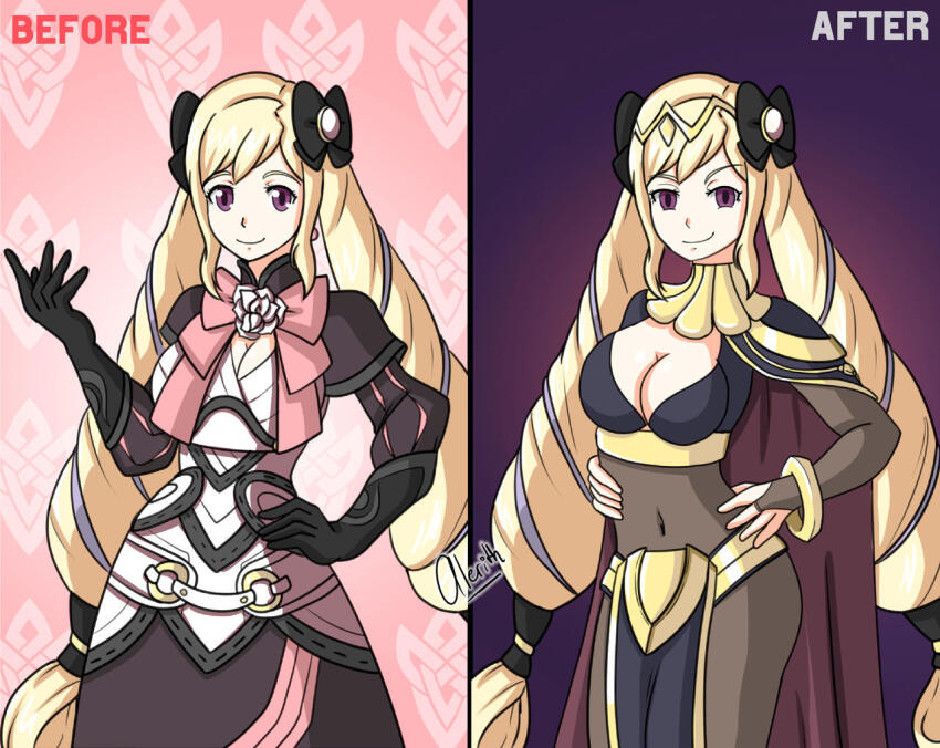 alerith alternate_costume blonde_hair bodysuit breasts cape cleavage cleavage_cutout corruption elise_(fire_emblem) empty_eyes english_text evil_smile female_only femsub fire_emblem fire_emblem_awakening fire_emblem_fates gloves hand_on_hip happy_trance long_hair looking_at_viewer nintendo purple_eyes smile text twintails