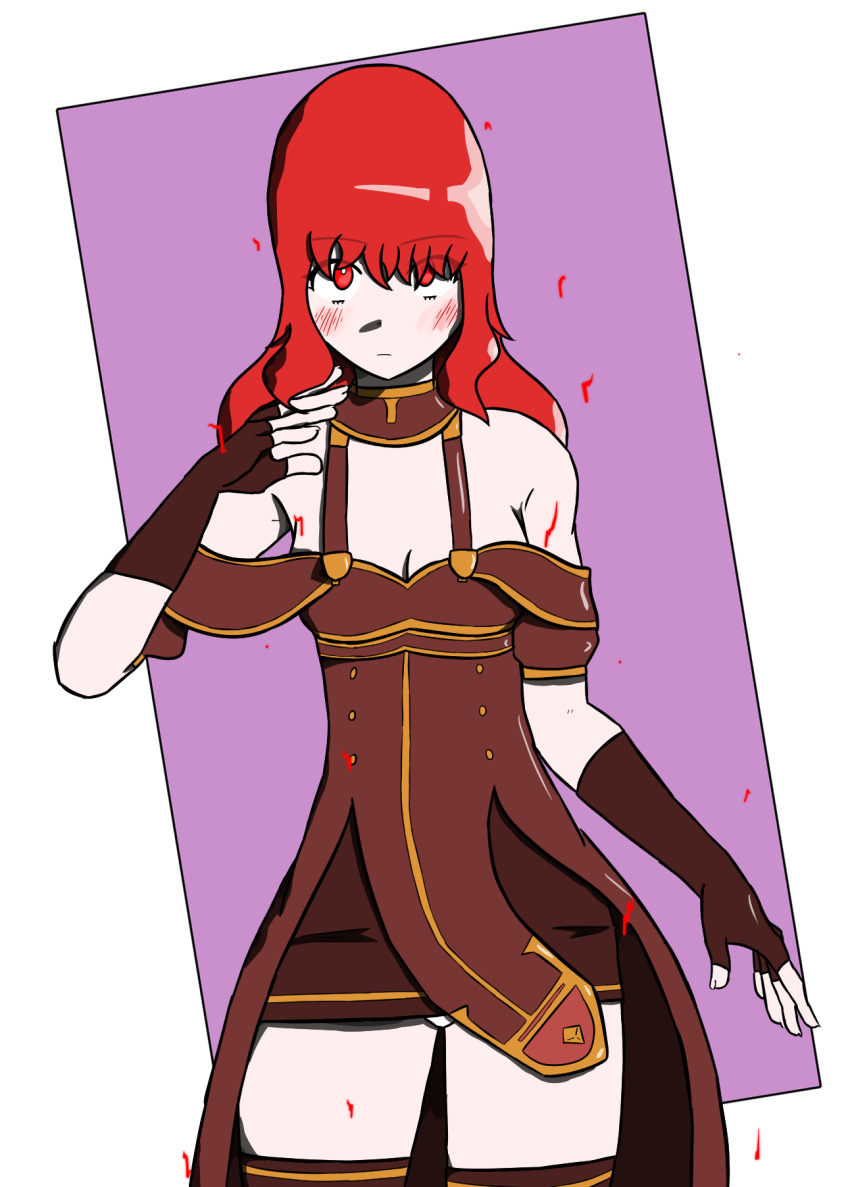 aura bangs bare_shoulders blush cape celica_(fire_emblem) cleavage_cutout corruption dress_shirt eyebrows_visible_through_hair female_only fingerless_gloves fire_emblem fire_emblem_echoes fire_emblem_engage gloves illumina long_hair nintendo opera_gloves panties red_eyes red_hair simple_background solo standing thighhighs thighs transparent_background underwear