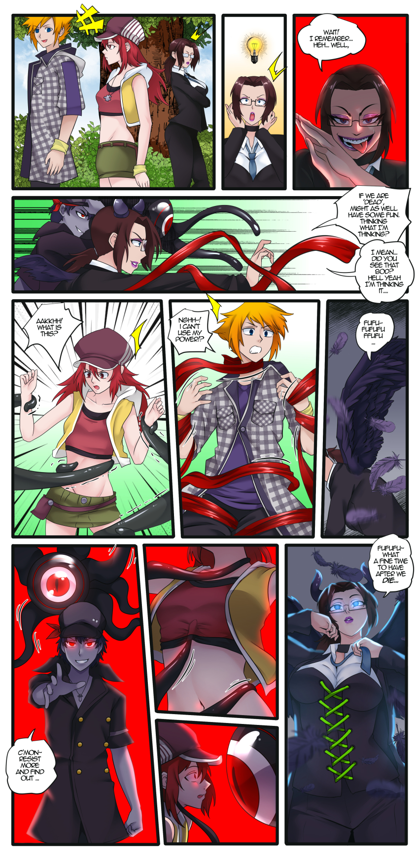 angel angel_girl anita_(anidelos) azmidiot blue_eyes brown_hair coat collar comic corset dahypnoman_(dahypnoman) death glasses grey_hair grey_skin hat horns hypnotic_eyes necklace neku_sakuraba original ponytail red_eyes ribbon ribbon_bondage shiki_misaki skirt tenta_(dahypnoman) tentacles text the_world_ends_with_you tie tied_hair wings