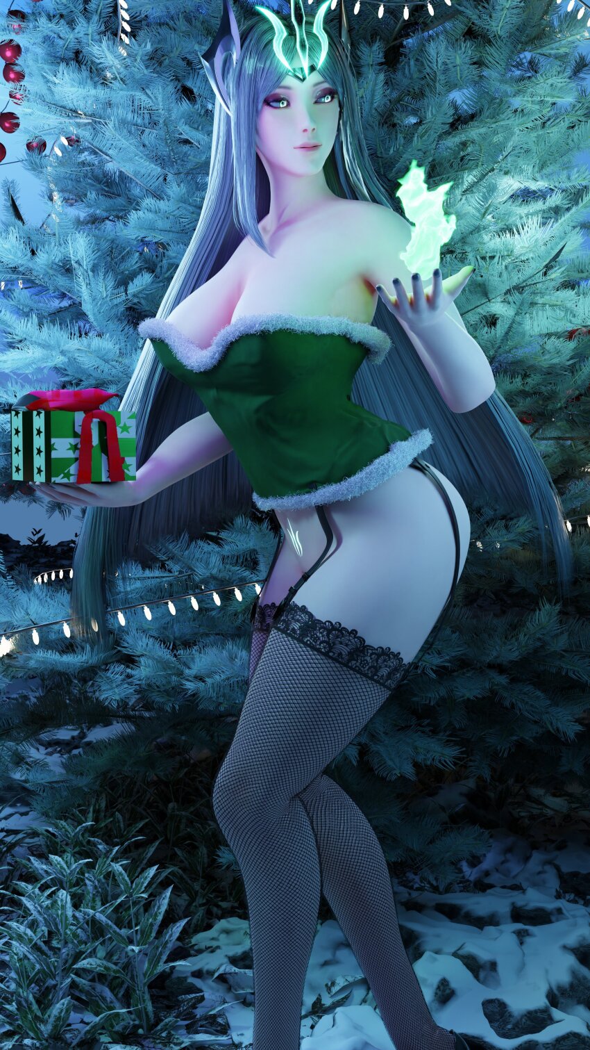 absurdres bare_shoulders breasts christmas control_indicator corruption crotch_tattoo crown expressionless eye_color_change flame gift glowing glowing_eyes green_eyes hair_color_change irelia_(league_of_legends) ireliabubblebutt large_breasts league_of_legends long_hair looking_back nail_polish outdoors possession ruination snow thighhighs thighs trees very_long_hair viego_(league_of_legends) white_hair