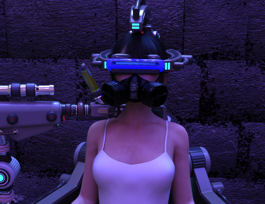 bare_shoulders black_hair corruption female_only femsub gas_mask hypnotic_gas hypnovideotoo injection original restrained short_hair solo tank_top tech_control visor