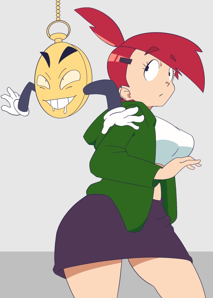 bare_legs black_eyes cartoon_network clothed foster&#039;s_home_for_imaginary_friends frankie_foster hoodie pendulum pocket_watch ponytail red_hair sequence shirt short_hair simple_background skirt smile sourowl sweater white_background