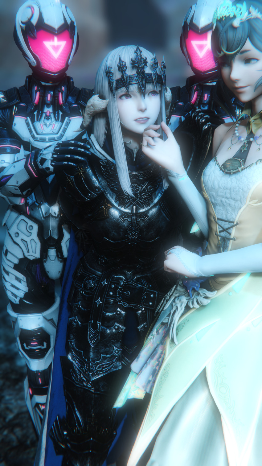 3d amysheep0025 angry armor au_ra bare_shoulders before_and_after black_hair cape crown dragon_girl dress female_only femdom femsub final_fantasy final_fantasy_xiv fingerless_gloves green_eyes horns jewelry long_hair opera_gloves purple_eyes robot smile straight-cut_bangs trapped