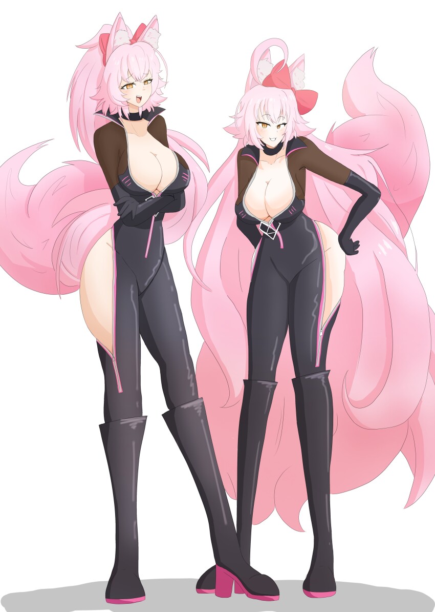 a_singular_fish absurdres ahoge alternate_costume alternate_hair_color animal_ears bodysuit boots bow breasts cleavage fate/grand_order fate_(series) female_only femsub fox_ears fox_girl fox_tail gloves hand_on_hip happy_trance high_heels hip_vents jeanne_alter jeanne_d'arc_(fate) kitsune_girl koyanskaya large_breasts latex leaning_forward long_hair multiple_girls multiple_subs open_clothes open_mouth pink_hair ponytail simple_background smile standing tail thighs twinning very_long_hair white_background yellow_eyes zipper