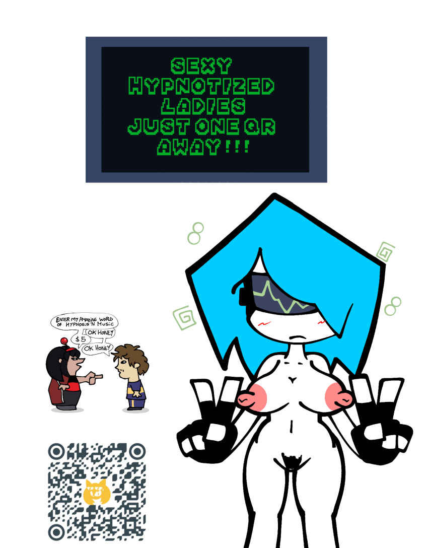 breasts double_v femsub honeymakesart meme nude nusky_(skyverse) original qr_code skyverse standing standing_at_attention tech_control text v visor