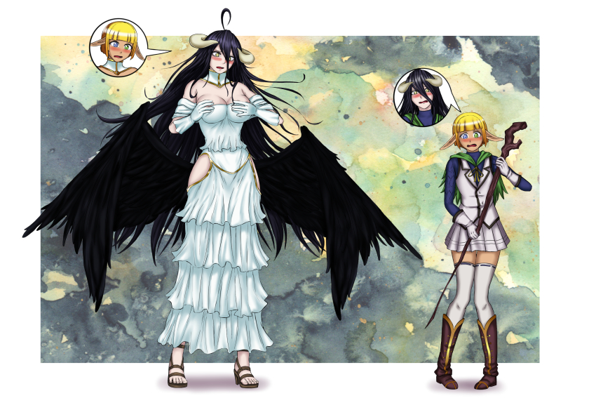 absurdres ahoge albedo_(overlord) black_hair blonde_hair blush body_swap boots border breasts cleavage cloak clothed demon_girl dress elf elf_ears femboy femsub horns large_breasts malesub mare_bello_fiore multiple_subs overlord sandals skirt staff succubus surprised thighhighs umbra_callistis wings