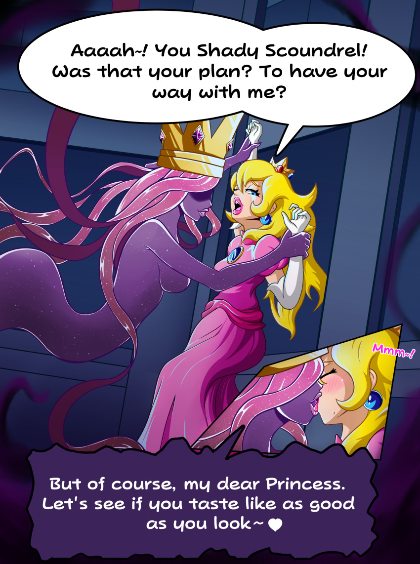 blonde_hair blue_eyes blush breasts closed_eyes crown dialogue english_text female_only femdom femsub gloves heart kissing mind_break nintendo one_eye_open opera_gloves paper_mario paper_mario:_the_thousand_year_door princess princess_peach queen restrained royalty shadow_queen speech_bubble super_mario_bros. tagme text thiccncute yuri