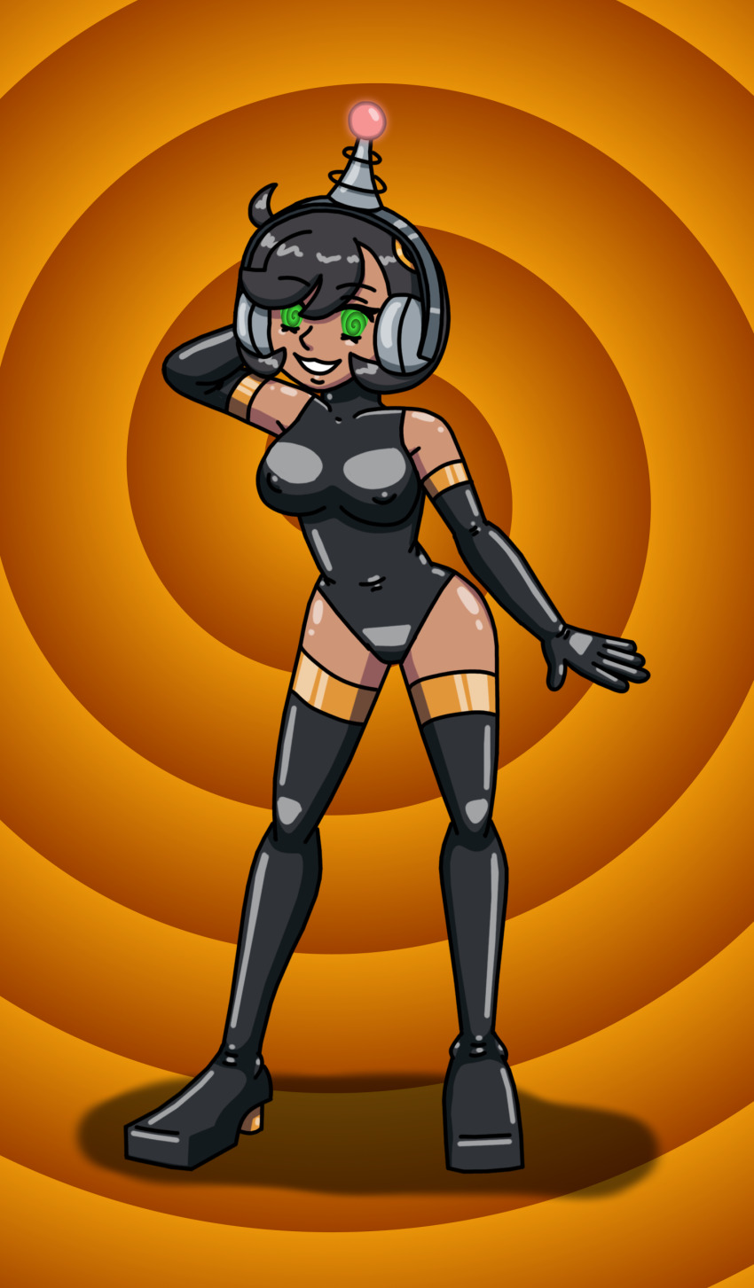 antenna black_hair emma_(pokemon) erect_nipples erect_nipples_under_clothes fembot femsub green_eyes hand_on_head happy_trance headphones high_heels latex leotard nintendo opera_gloves pokemon pokemon_legends_z-a robotization short_hair spiral_background spiral_eyes spiralwash_eyes supertechno324 tech_control thigh_boots