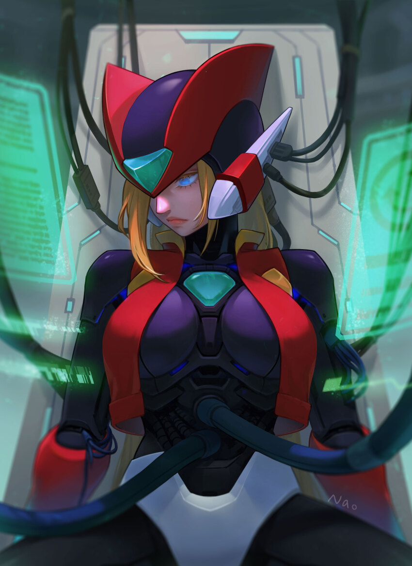 absurdres blonde_hair blue_eyes cables capcom chair clothed empty_eyes expressionless female_only femsub genderswap glowing_eyes helmet large_breasts long_hair megaman_(series) megaman_zero nao ponytail robot_girl signature sitting tech_control wires zero_(megaman)