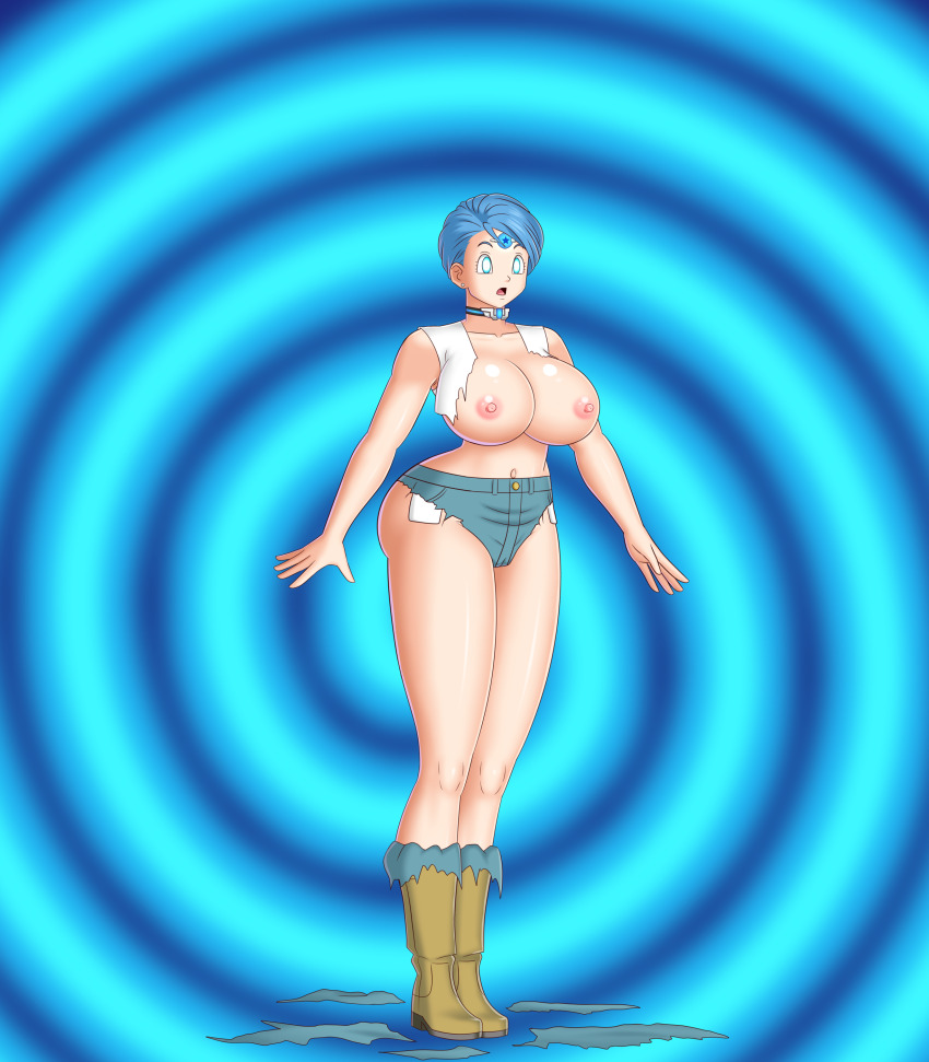 ass_expansion bare_legs bare_shoulders blue_eyes blue_hair bluebullpen boots breast_expansion bulma_briefs cameltoe choker dragon_ball dragon_ball_super earrings erect_nipples exposed_chest expressionless femdom femsub glowing_eyes huge_ass huge_breasts midriff milf open_mouth robotization short_hair short_shorts spiral spiral_background story tech_control torn_clothes transformation