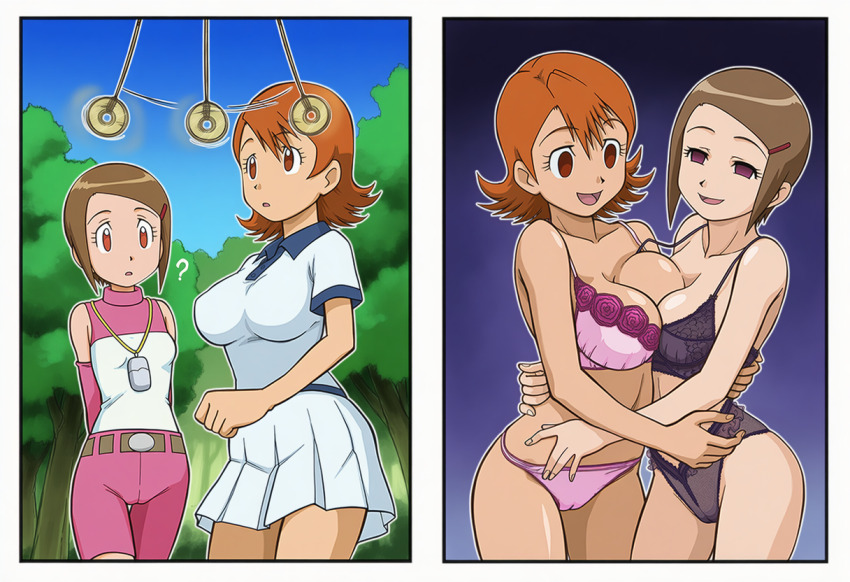 ai_art before_and_after breast_press brown_hair coin confused digimon digimon_adventure_02 empty_eyes femsub hellsing002_(generator) hug kari_kamiya lingerie outdoors pendulum sora_takenouchi sub_on_sub