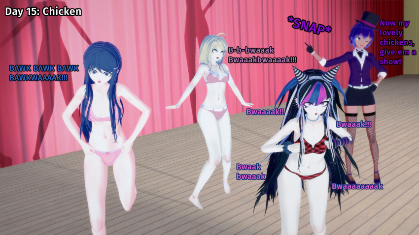 3d ahoge black_hair blonde_hair blue_hair chicken_dance chicken_pose dangan_ronpa dangan_ronpa_v3 dialogue english_text eye_roll female_only femdom femsub finger_snap hypnovember ibuki_mioda kaede_akamatsu koikatsu! liz_b miss_hypnos_(liz_b) open_mouth original pet_play punk purple_hair sayaka_maizono shrunken_irises stage_hypnosis text underwear