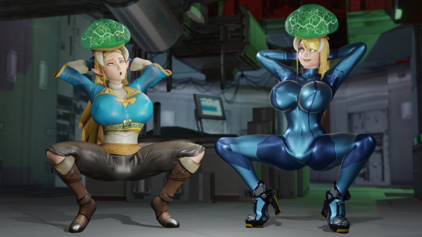 blonde_hair brain_injection breath_of_the_wild eh femsub long_hair metroid metroid_(series) nintendo princess princess_zelda samus_aran squatting the_legend_of_zelda zero_suit