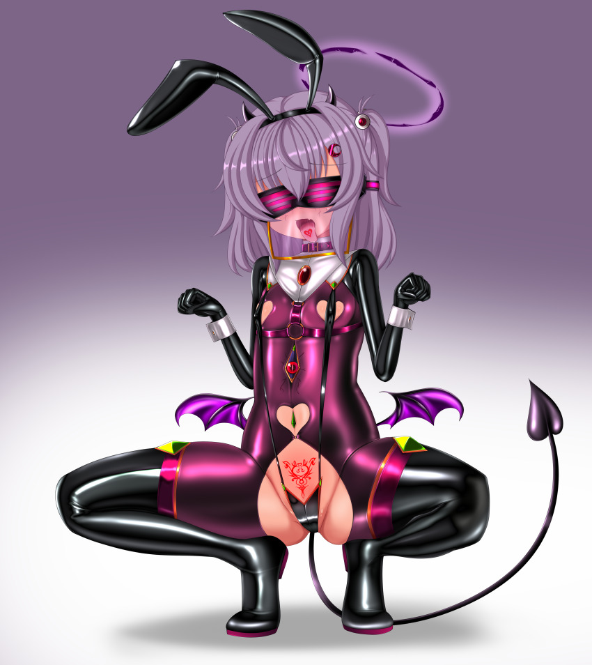 bangs blush bodysuit boots breath bunny_ears clothed_exposure collar crotch_cutout crotch_tattoo drool fake_animal_ears fangs female_only femsub flat_chest gloves gradient_background hair_ornament halo harness horns jewelry magical_girl navel navel_piercing nipple_cutout open_mouth original pikohirosi22 purple_hair rubber short_hair sling_bikini small_breasts spread_legs squatting tail tattoo tech_control thigh_boots thighhighs tongue tongue_out twintails veil visor white_background wings