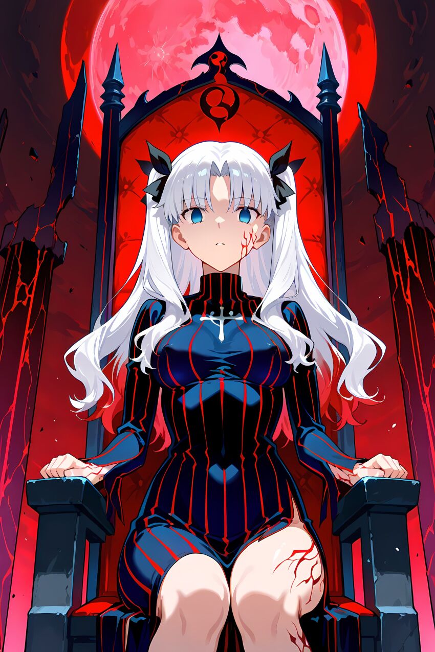 ai_art angra_mainyu blue_eyes body_markings breasts chair chenwenjia_(generator) clothed corruption cosplay dark_sakura expressionless facial_markings fate/stay_night fate/stay_night_heaven's_feel fate_(series) femsub hair_color_change long_hair looking_at_viewer possession rin_tohsaka sitting white_hair