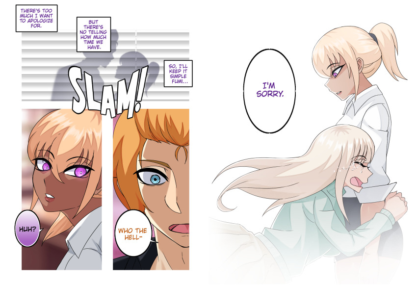 antiyuri_app aya_(antiyuri_app) blonde_hair blue_eyes border closed_eyes comic dialogue english_text erasethismail femsub fumi_(antiyuri_app) hug long_hair love multiple_girls multiple_subs office_lady open_mouth orange_hair original pink_eyes ponytail ruined_life shirt short_hair simple_background skirt speech_bubble surprised sweater tears text transformation