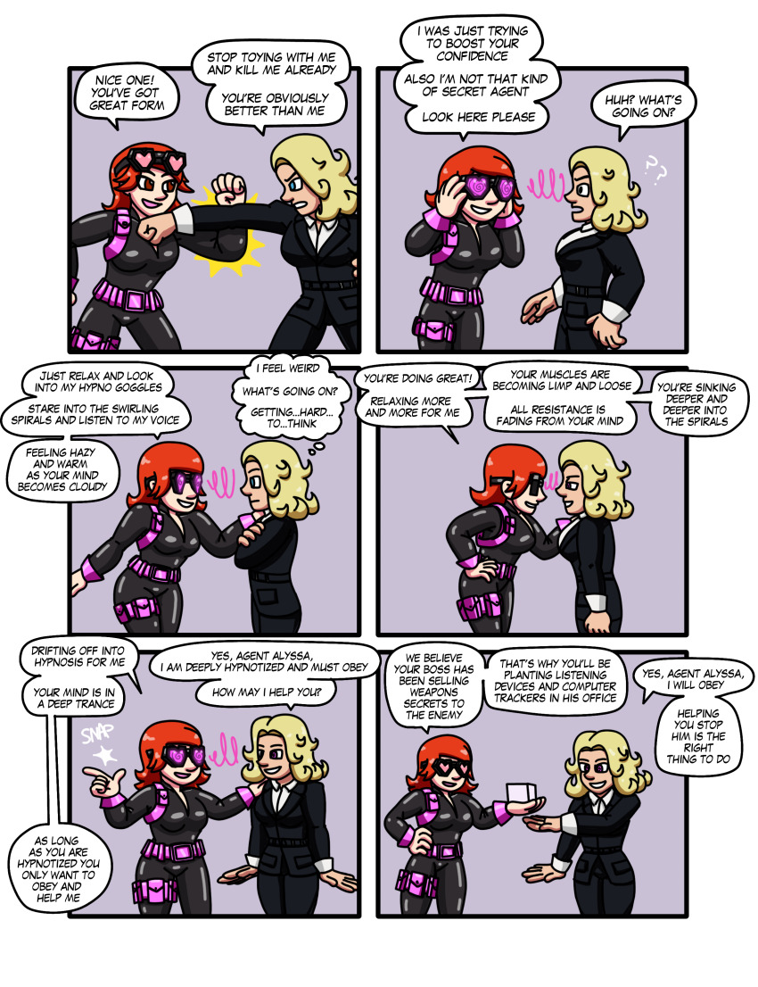 belt blonde_hair business_suit catsuit comic confused curly_hair dialogue english_text femdom femsub finger_snap goggles hypnotic_accessory latex limp original pink_eyes red_hair short_hair simple_background speech_bubble spiral_eyes supertechno324 text