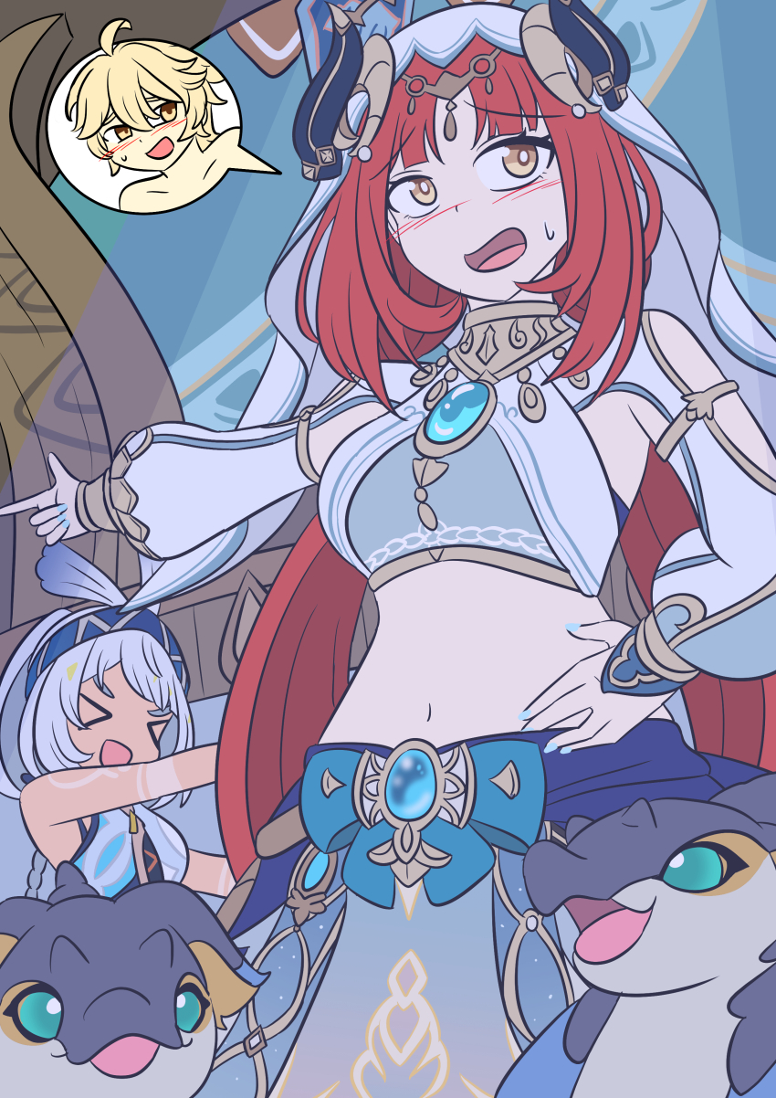 accidental_hypnosis aether_(genshin_impact) ahoge blonde_hair blue_eyes blush breasts closed_eyes clothed dancer dancing eye_color_change femsub genshin_impact hand_on_hip horns long_hair maledom midriff mualani_(genshin_impact) nail_polish navel nilou_(genshin_impact) orange_hair possession saurian_(genshin_impact) short_hair smile speech_bubble story sweat veil vel very_long_hair white_hair yellow_eyes