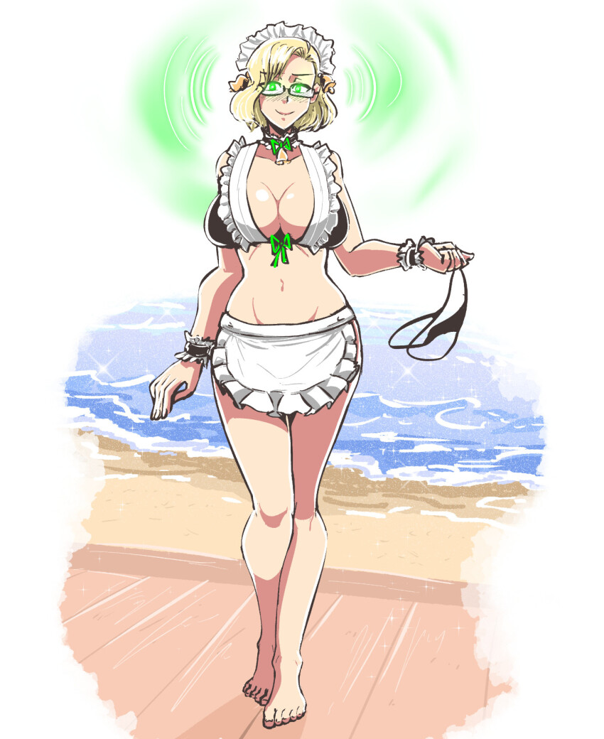 apron bare_legs barefoot beach bell bell_collar bikini_bottom blonde_hair blush bow_tie bra choker cleavage collarbone cuffs earrings eyebrows_visible_through_hair feet female_only femsub glasses glowing_eyes green_eyes happy_trance hypnotized_walking large_breasts looking_at_viewer maid maid_headdress majinsfw midriff navel no_panties original short_hair smile solo thighs underwear veronica_nightingale_(majinsfw) white_background