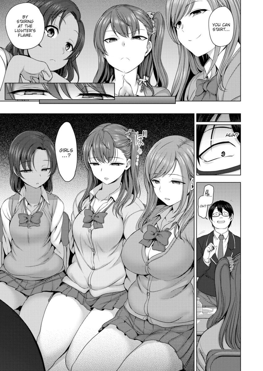 accidental_hypnosis aiue_oka aware before_and_after breasts comic empty_eyes expressionless greyscale hard_translated hinata_sae huge_breasts ijirare_fukushuu_saimin kneeling long_hair nogami_izumi sanada_minako short_hair sitting skirt smile tazaki_(ijirare_fukushuu_saimin) text translated