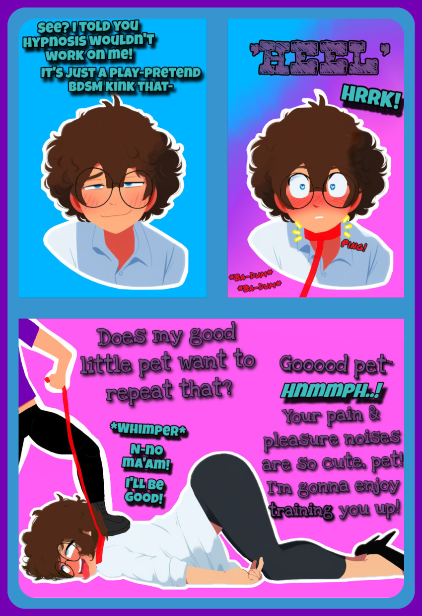 ai_art bangs before_and_after blue_eyes blush caption clothed collar comic english_text femdom femsub glasses heart_eyes high_heels hypnofantasy_(artist) instant_loss leash multiple_girls open_mouth original pants shirt short_hair stepped_on text tongue tongue_out trigger