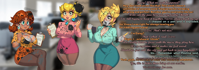 absurdres breasts caption cleavage clipboard corporatification dialogue female_only femsub glasses hypnotic_music large_breasts manip mantra multiple_subs nintendo office office_lady pantyhose peppermintspiral_(manipper) princess_daisy princess_peach princess_rosalina rizdraws subliminal super_mario_bros. text