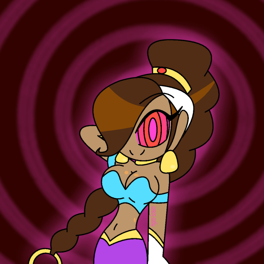 arms_above_head bare_shoulders breasts brown_hair capcom cleavage clothed dancer dark_skin earrings female_only femsub hair_covering_one_eye happy_trance hypnoscream jewelry looking_at_viewer midriff navel ponytail power_stone ring_background ring_eyes rouge_(power_stone) smile solo very_long_hair