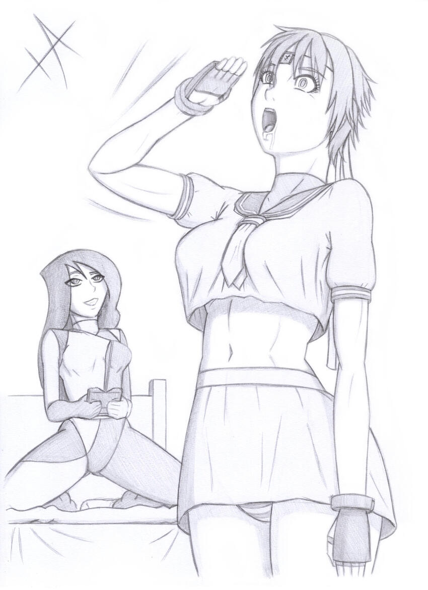 bed capcom clothed crossover disney drool empty_eyes female_only femdom femsub greyscale iashmoreart kim_possible_(series) kneeling long_hair microchip midriff navel open_mouth sakura_kasugano saluting school_uniform shego short_hair signature smile street_fighter tech_control upskirt