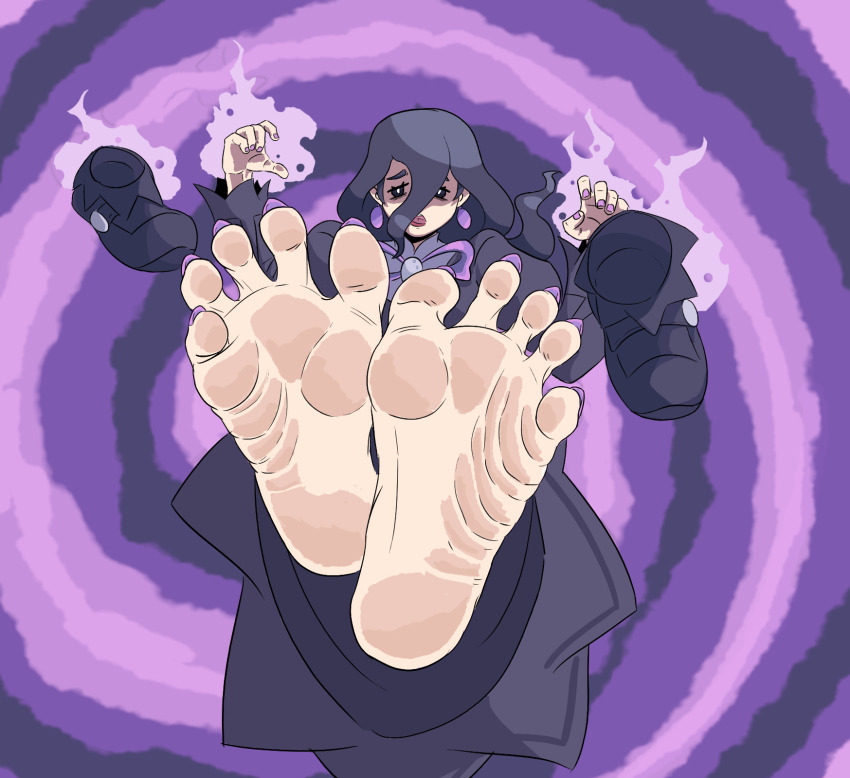 ambiguous_pov androgynous_sub aura barefoot dbo-lsd dress earrings feet femdom floating foot_focus hex_maniac hypnotic_feet looking_at_viewer magic nail_polish nintendo open_mouth pokemon pokemon_legends_z-a pokemon_ruby_sapphire_and_emerald pov pov_sub purple_hair shoes spiral_background very_long_hair