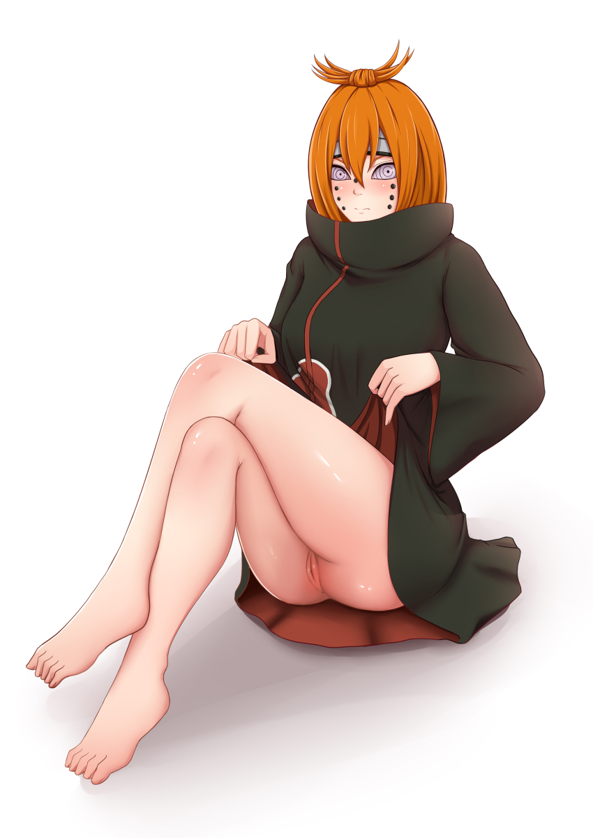 ajisai alternate_costume alternate_hair_color animal_path ass bare_legs barefoot blush bottomless crossed_legs embarrassed femsub legs looking_at_viewer maledom nagato_(naruto) naruto_(series) orange_hair pain_(naruto) piercing possession purple_eyes pussy rinnegan seisen short_hair simple_background skirt_lift symbol_in_eyes thighs
