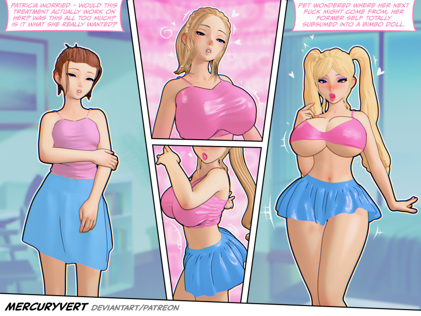 3d ass ass_expansion before_and_after bimbofication blonde_hair blush breast_expansion breasts brown_hair comic crossed_eyes dazed english_text femsub growth hair_color_change hair_growth lip_expansion lipstick long_hair mercuryvert midriff navel original short_hair short_skirt signature skirt spiral tank_top text thighs transformation twintails