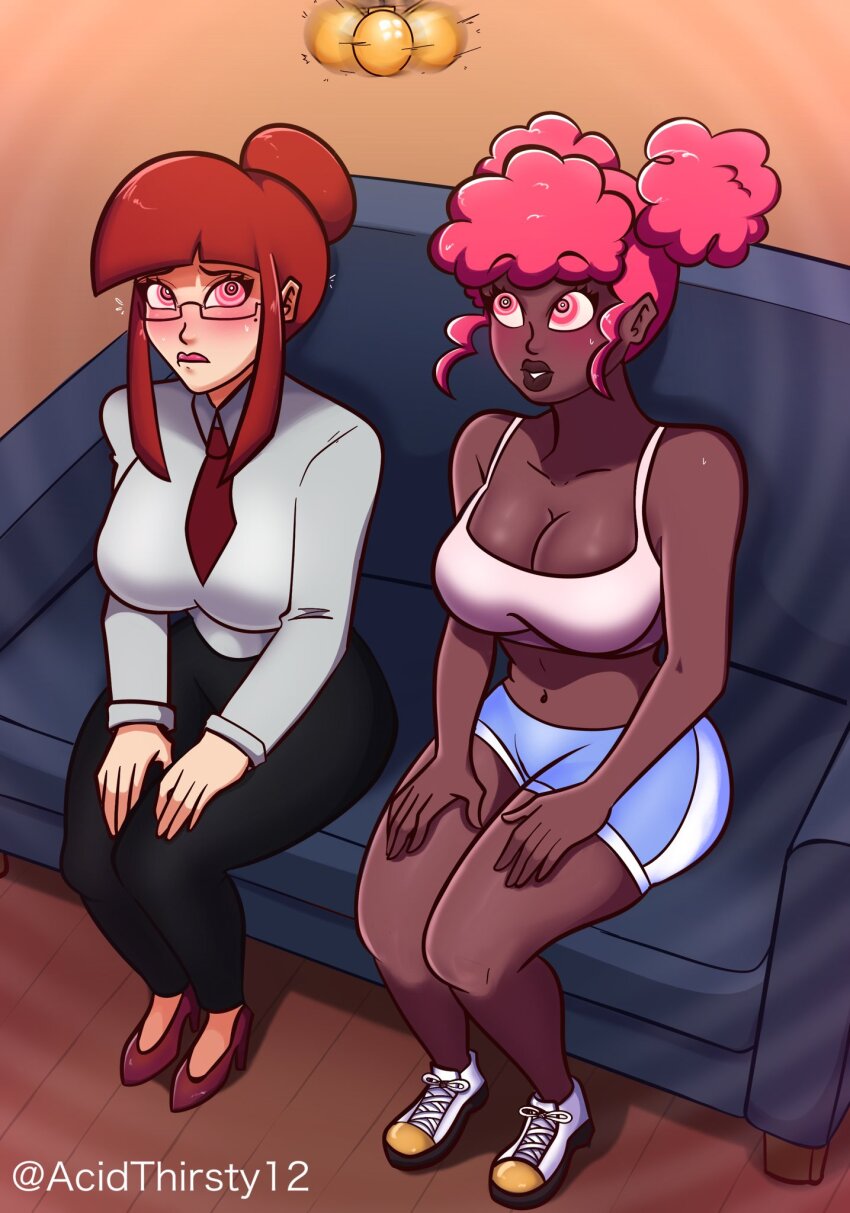 acidthirsty12 arianna_(acidthirsty12) dark_skin femsub glasses hair_buns jess_(kylewtb) original pendulum pink_hair symbol_in_eyes